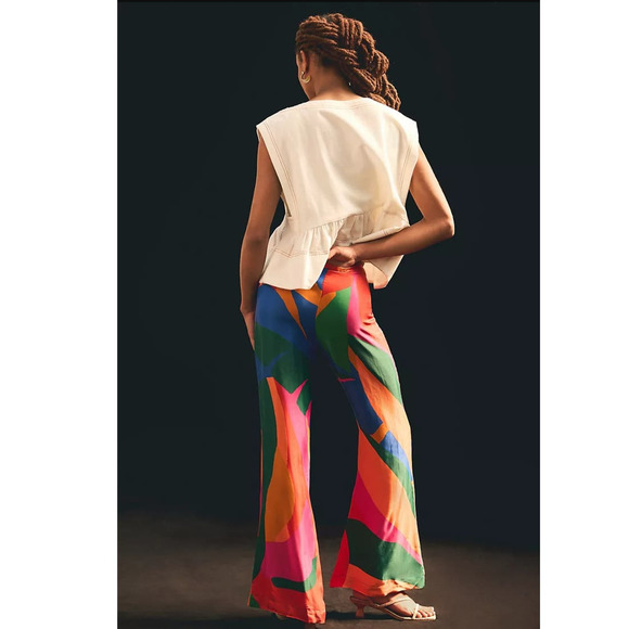 New Anthropologie Farm Rio Colorful Leaves Flared Pants $175 MEDIUM Red Motif - Picture 4 of 6